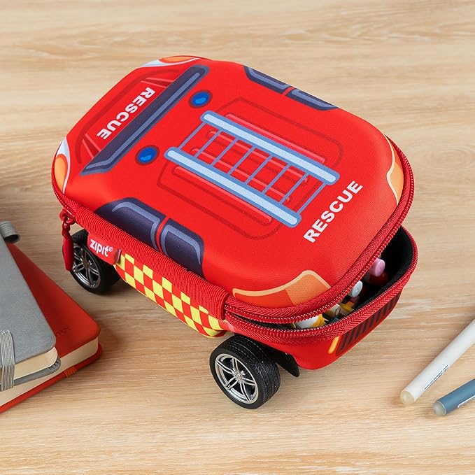 ZIPIT Fire Truck Pencil Case for Boys, Large Capacity Pencil Box for School with Spinning Wheels, Red