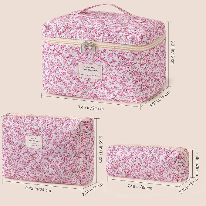 HBselect Quilted Makeup Bag, 3Pcs Cotton Large Travel Makeup Bags Organizer | Cute Floral Make up Bag Cosmetic Bag Toiletry Bag for Women Girls, Makeup Pouch for Skincare, Brushes & Travel Essentials