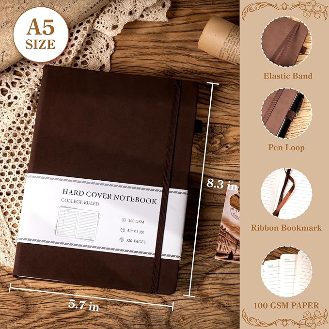 CAGIE Lined Journal Notebook for Men Women 320 Pages Leather Journals for Writing A5 Thick Hardcover Journaling Notebooks for Work Note Taking Diary, 5.7x8.3 In, Dark Brown