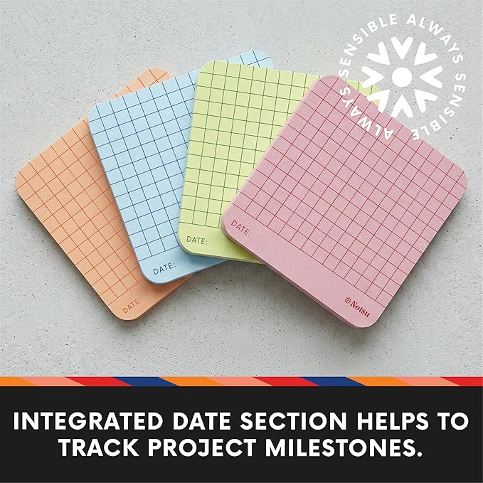 Notsu Graph Grid Sticky Notes 4pk | Premium Thick Paper 120g | Colorful Pastel Graphing Memo Pads with Date, 3" x 3"