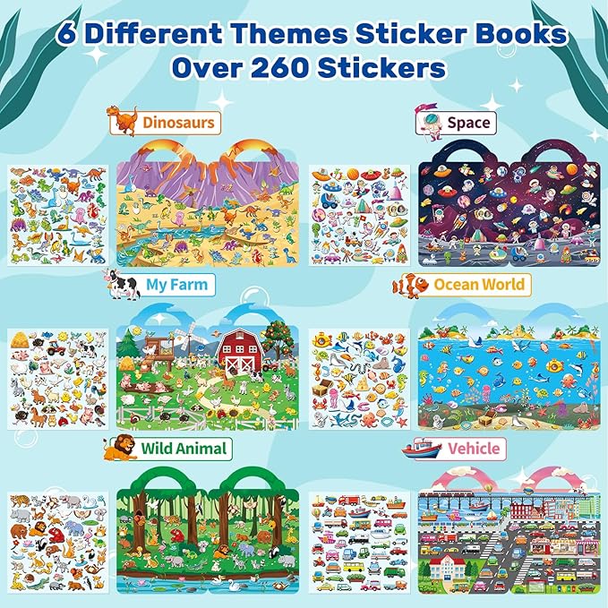 Elfew 6Pack Reusable Sticker Books for Toddlers 2-4, 3D Puffy Sticker Books for Kids Ages 1-3 3-5 with 6 Themes, Waterproof Mess-Free Sticker Activity Book, Travel Toys Birthday Gifts for Boys Girls