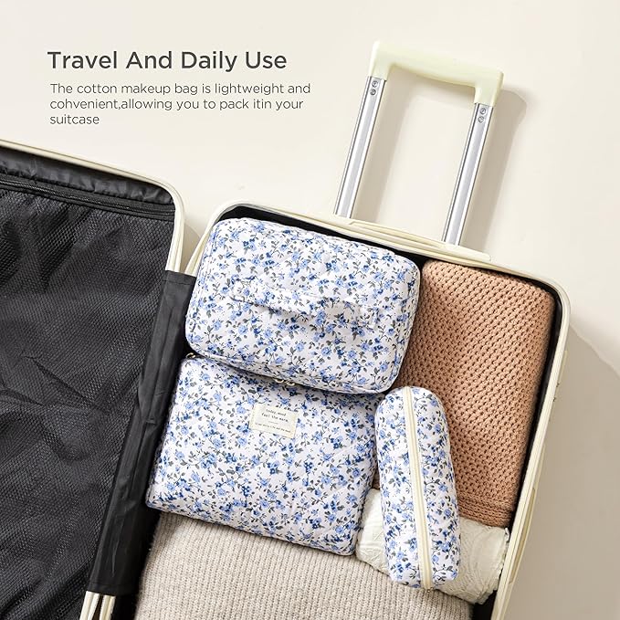 HBselect Quilted Makeup Bag, 3Pcs Cotton Large Travel Makeup Bags Organizer | Cute Floral Make up Bag Cosmetic Bag Toiletry Bag for Women Girls, Makeup Pouch for Skincare, Brushes & Travel Essentials