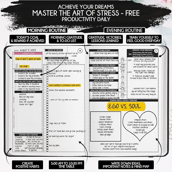 Gratitude Journal for Women and Men — 5 Minute Self Care Journal | Mindfulness, Manifestation, Affirmation | 3 Month Productivity Planner | Undated Daily Planner, Vision Board + Stickers