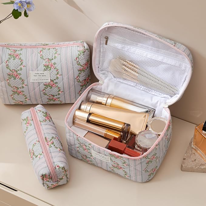 HBselect Quilted Makeup Bag, 3Pcs Cotton Large Travel Makeup Bags Organizer | Cute Floral Make up Bag Cosmetic Bag Toiletry Bag for Women Girls, Makeup Pouch for Skincare, Brushes & Travel Essentials