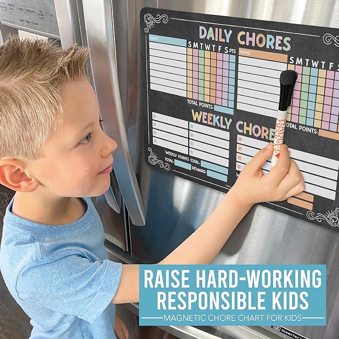 Hadley Designs Magnetic Chore Chart for Kids Multiple - Chores Board for Refrigerator, Dry Erase Task Chart for 2 Kids Daily Behavior, Family Weekly Planner for Teen and Adults, Chalkboard Chore Board