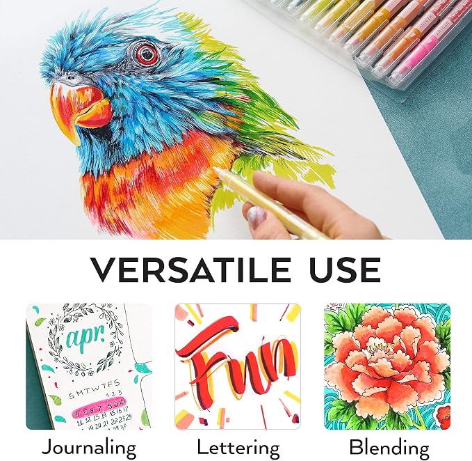 ARTEZA Dual Tip Brush Markers – Set of 48 Pens with Fine and Brush Tips, Water-Based Ink for Coloring, Sketching, Lettering & Journaling