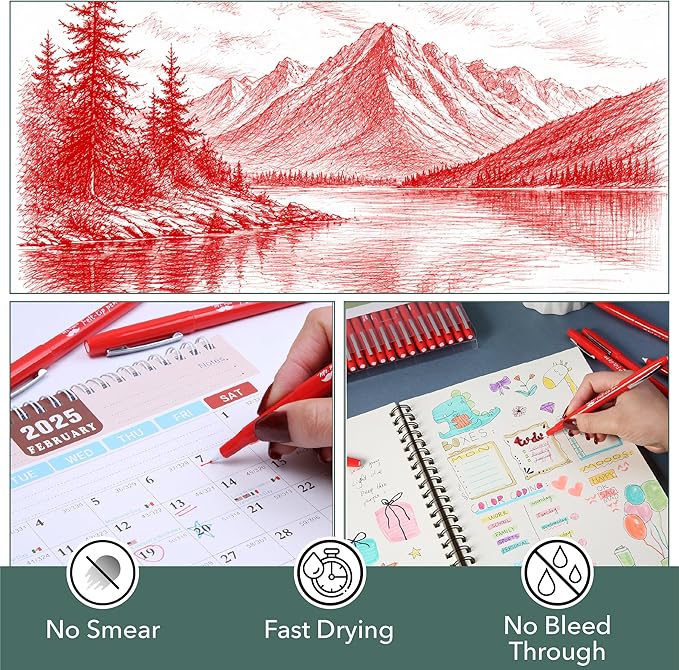 Mr. Pen- Felt Tip Pens, 36 Pack, 0.7 mm, Red Felt Tip Pens Bulk, Fast Dry, No Smear, Planner Markers for Underlining, Writing, Drawing, Journaling Supplies