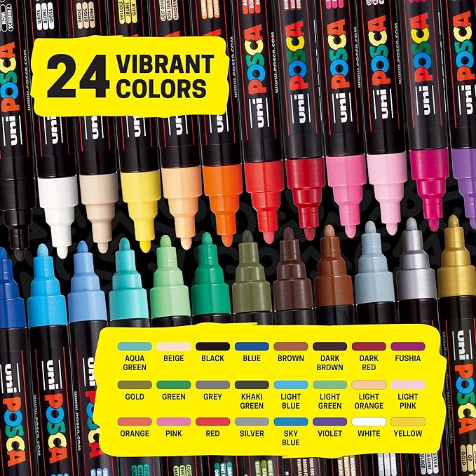 POSCA PC-5M Water-Based Paint Markers, Medium Point (1.8-2.5mm), Assorted Colors, 24 Pack
