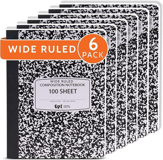 6 Pack - EPI Marble Hardcover Wide Ruled Composition Notebook | 200 Pages (100 Sheets), 9.75 x 7.5 in, Sturdy Sewn Binding | School, Office, Journaling, Notes