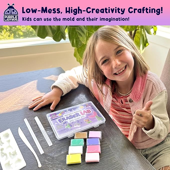 PURPLE LADYBUG Eraser Lab Mermaid & Unicorn Eraser Making Kit - Birthday Gift for Girls Ages 5-10, Make Your Own DIY Clay Eraser Kit, Gift for 7 Year Old Girl, Back to School Supply