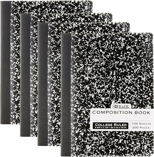 BAZIC PRODUCTS Composition Notebook, College Ruled, 100 Sheets, 4-Pack