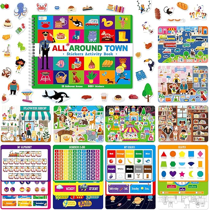 800+ Stickers & 15 Town Scenes Sticker Book, Funny Side By Side All Around Town Sticker Book Educational Activity Games- Great for Toddlers, Kids, Boys & Girls