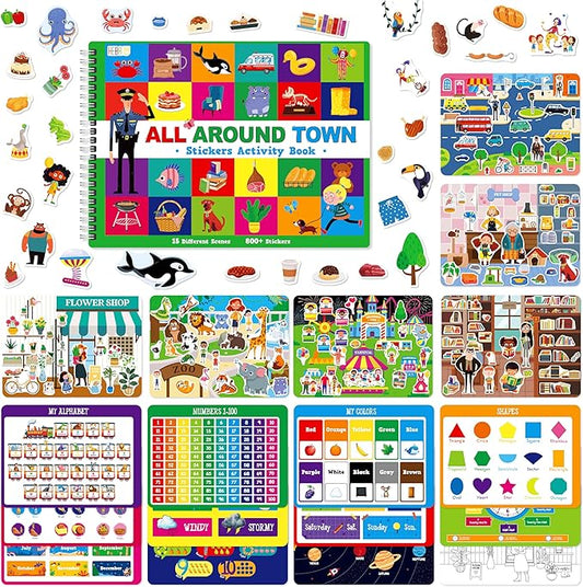 800+ Stickers & 15 Town Scenes Sticker Book, Funny Side By Side All Around Town Sticker Book Educational Activity Games- Great for Toddlers, Kids, Boys & Girls