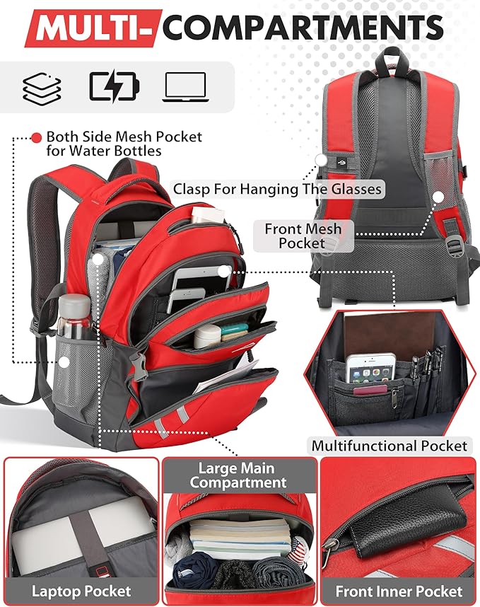 ProEtrade Backpack Bookbag for College Laptop Travel, Fit Laptop Up to 15.6 inch with USB Charging Port Multi Compartment Anti theft, Gift for Women Men (Red)