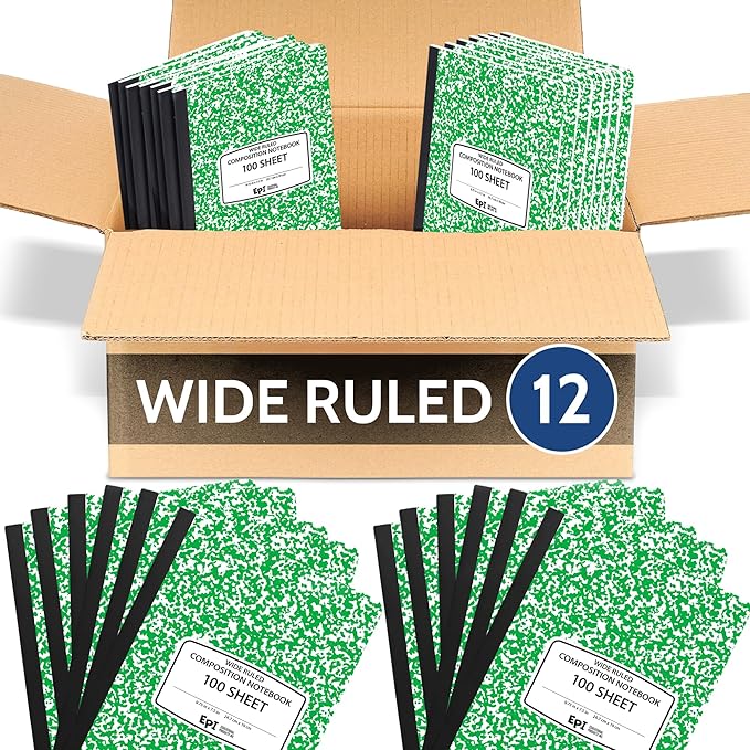 12 Pack - EPI Wide Ruled Marble Composition Notebook - Green 200 Page Note Book - 9.75 x 7.5 Inch Hardcover Journal with Sewn Binding for Secure Pages - Classroom Back to School Supplies