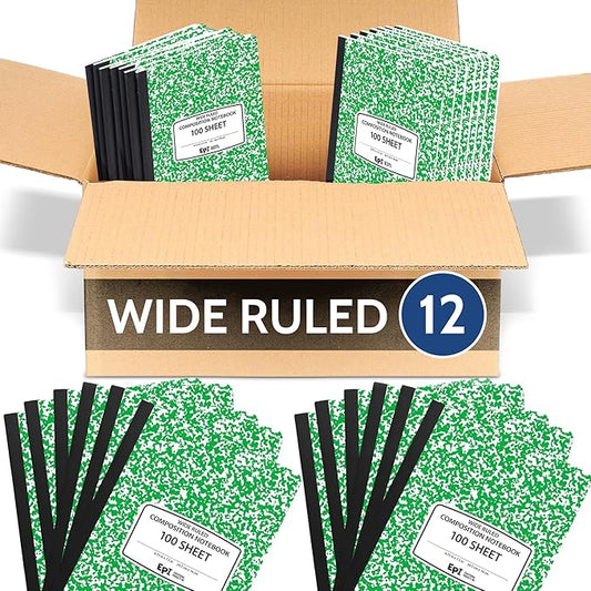 12 Pack - EPI Wide Ruled Marble Composition Notebook - Green 200 Page Note Book - 9.75 x 7.5 Inch Hardcover Journal with Sewn Binding for Secure Pages - Classroom Back to School Supplies