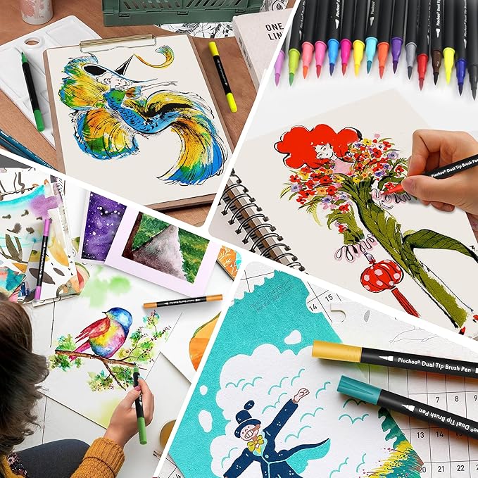 Piochoo 18 Colors Dual Tip Markers, Fine Point & Brush Tip for Adult Coloring Books, No Bleeding, Art Supplies