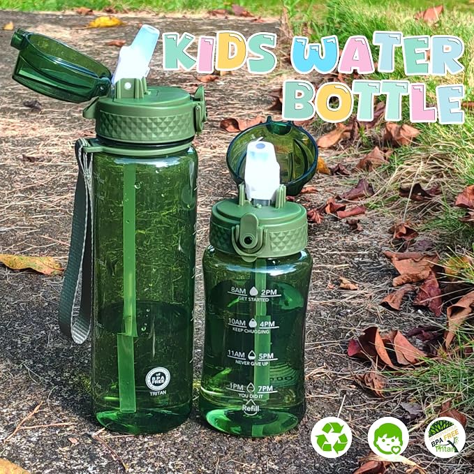 OLDLEY 12oz Kids Water Bottle, Tritan BPA-Free, Leakproof Flip Straw Lid, Motivational Time Marker, Carry Strap, Reusable Clear Water Bottle for Boys & Girls,Jade