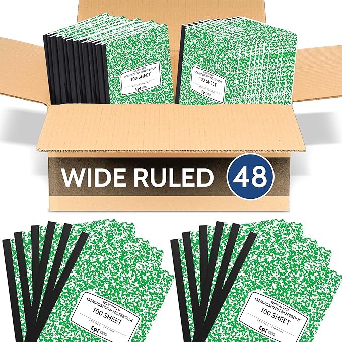 48 Pack - EPI Wide Ruled Marble Composition Notebook - Green 200 Page Note Book - 9.75 x 7.5 Inch Hardcover Journal with Sewn Binding for Secure Pages - Classroom Back to School Supplies