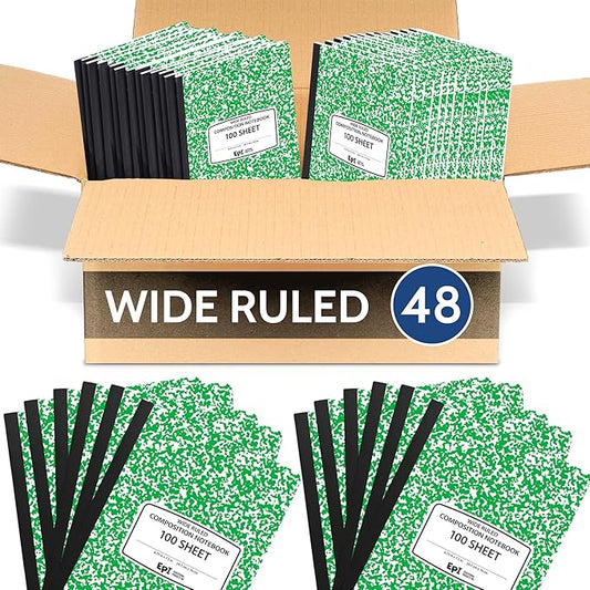 48 Pack - EPI Wide Ruled Marble Composition Notebook - Green 200 Page Note Book - 9.75 x 7.5 Inch Hardcover Journal with Sewn Binding for Secure Pages - Classroom Back to School Supplies