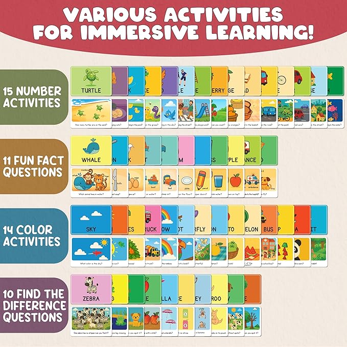 Toddler Flash Cards - 50 Big Font, 500 GSM Wipe-Clean Learning Flash Cards for Toddlers 1-3 & Ages 3-5 - Numbers, Colors, Find-the-Difference & Fun Questions - Preschool Educational Gift