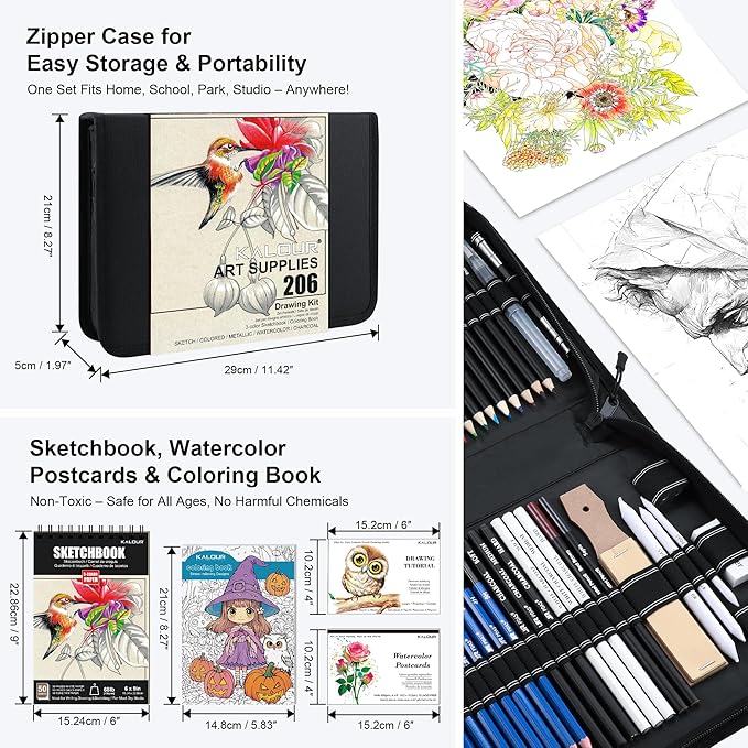 KALOUR 206 Drawing Set Sketching Kit,Art Supplies with 3-color Sketchbook & Coloring Paper,Include Tutorial, Colored, Graphite, Charcoal, Watercolor & Metallic Pencil,for Artists Adults Teens Beginner