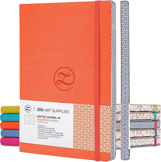 ZenART Supplies A5 Bullet Dotted Journal - Enjoy Bullet Journaling with a Soft Cover, Non-Bleed Thick 120gsm Paper with Japanese Edge Motif - Orange Faux Leather Lay Flat Dot Notebook