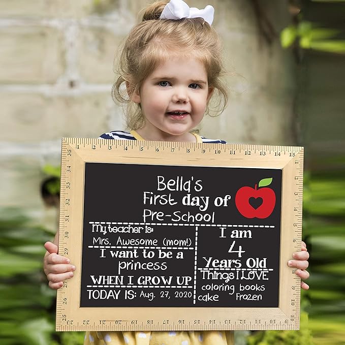 First Day of School Sign (15"x11.5"), Real Wooden Ruler Frame, Reusable Chalkboard- Easy-to-Clean, Handmade in USA by Bloom Owl, Perfect for Back to School, First Day of Kindergarten or Preschool