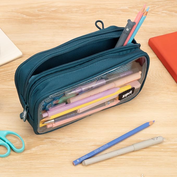 ZIPIT Half & Half Pencil Case, 3-Compartment Aesthetic Zipper Pouch, Teal | Clear-front pencil case for school, dedicated organizer panels, holds up to 70 pens & pencils, durable easy-care polyester