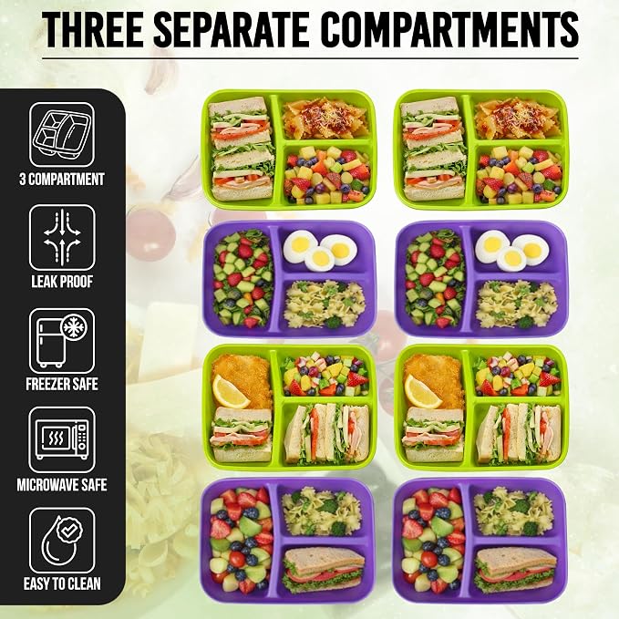 Neez 4 Pack Lunch Containers for Adults (48oz/6 Cup) - 3 Compartment Large Bento Lunch Box For Women - Reusable Lunchable Container for Salad, Snack, Meal Prep - Stackable, Microwavable & Leak proof
