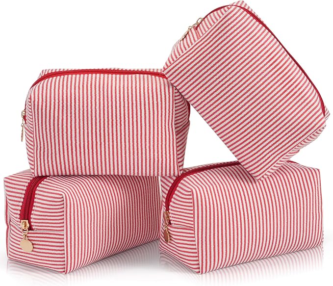 Makeup Bag Set for Women, 4PCS Travel Cosmetic Bags Pencil Case, Striped Seersucker Toiletry Organizer Pouches, Cute Makeup Pouch for Purse, Accessories and Gifts, Red