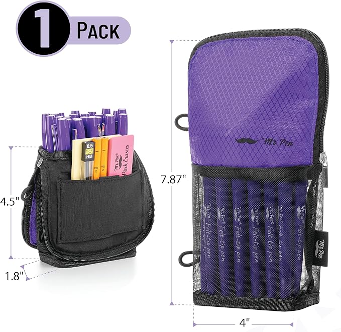 Mr. Pen- Standing Pencil Case Pouch, Sit & Lay Mesh-View Design, Black & Purple, Interior Pocket & 2 Elastic Binder Loops, Cute Pencil Case for Girls and Boys