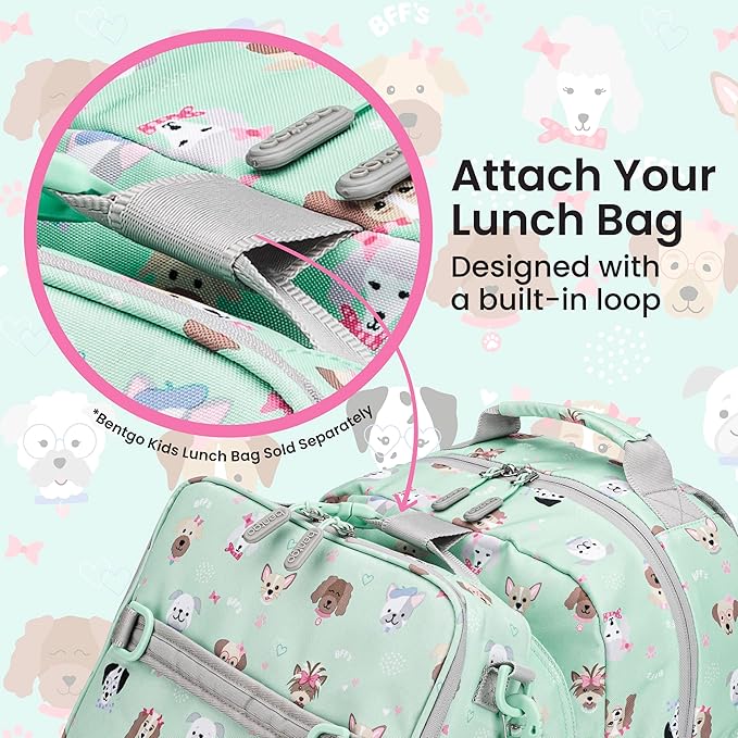 Bentgo Kids Backpack - Lightweight 14” Backpack in Fun Prints for School, Travel, & Daycare, Ideal for Ages 4+, Roomy Interior, Durable & Water-Resistant Fabric, & Loop for Lunch Bag (Puppy Love)