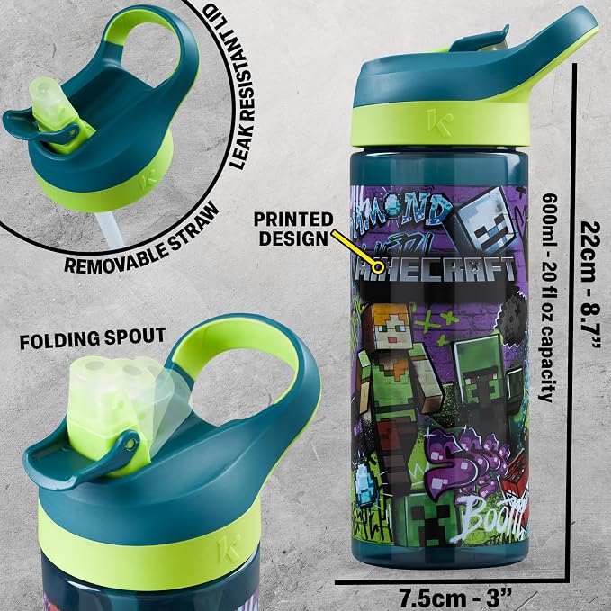Get Trend Minecraft Kids Lunch Box 3 Pc Set with Insulated Lunch Bag, Bento Box with Two Mini Pots & 20 fl oz Water Bottle with Straw for School, Picnic, Creeper Gamer Gifts for Boys (Multi Minecraft)