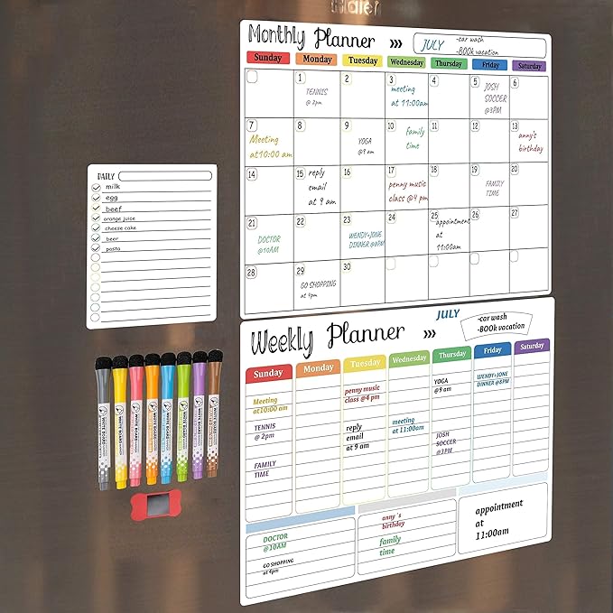 Hivillexun 3-Pack Magnetic Dry Erase Calendar Whiteboard Set for Fridge, Wall & Refrigerator Organisation – Monthly, Weekly & Daily Planners – Includes 8 Markers & Eraser