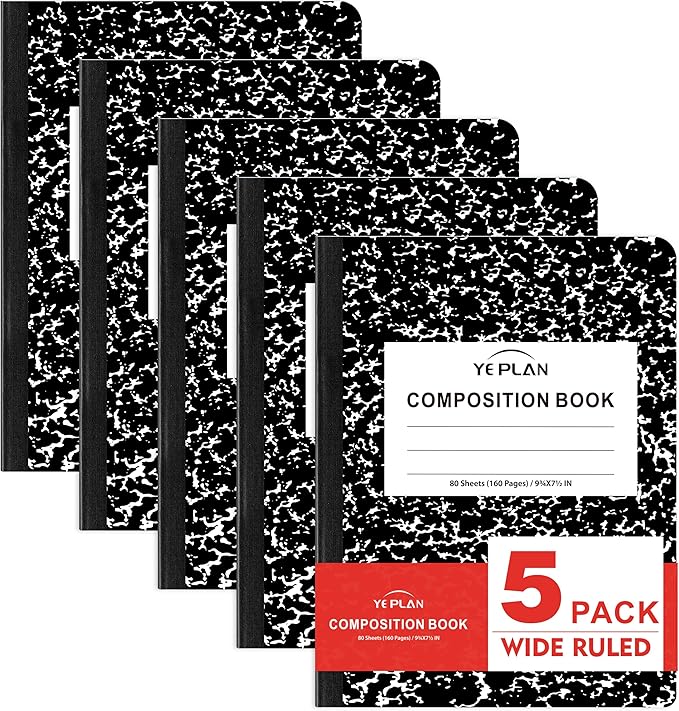 Yeplan Composition Notebooks 5 pack, Wide Ruled Notebook Paper, 9 3/4" x 7 1/2", 80 Sheets/160 Pages, Aesthetic Marble Composition Notebook for School & Office Supplies (5, Black)