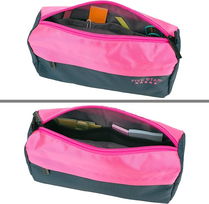 Five Star Pencil Pouch, Pen Case, 9-Pocket Zipper Pouch, Storage Organizer for School Supplies Earbuds Chargers Cables Makeup, Navy/Pink (505600B-ECM)