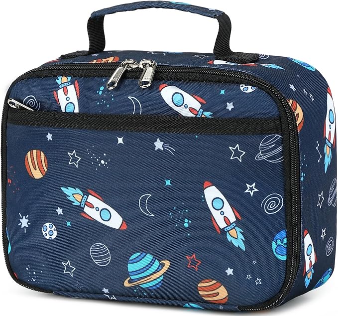 Lunch Box for Kids Boys Insulated Lunch Bags Toddler Lunch Tote Bag Thermo Picnic Cooler Bag for School Children (Spaceship-Navy Blue)