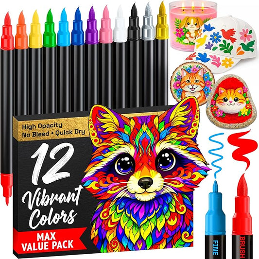 ARTISTRO 12 Acrylic Paint Markers - Paint Pens for Drawing, Brush + Fine Tips - For Fabric, Rock, Glass, Wood, DIY - Art & Craft Supplies for Adults, Teens, Kids - Teacher Appreciation Gift