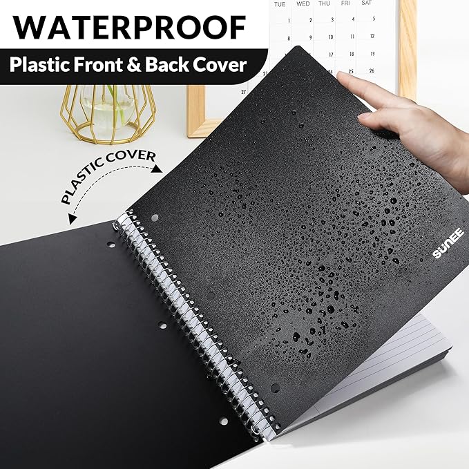 SUNEE 5 Subject Notebook College Ruled - 400 Pages, 9"x11", 5 Pocket Colored Dividers, 3-Hole Punched Paper, Black