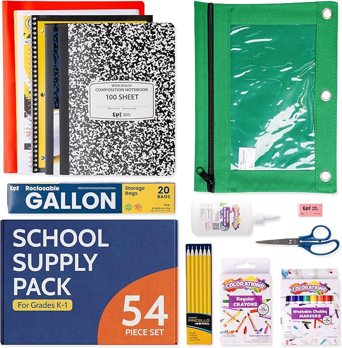 EPI Essentials Back to School Supplies for Kids – 54 Items in Kit – Kindergarten to 1st Grade School Supply Packs – Wide-Ruled Bundle with Composition Notebooks – Suitable for Homeschooling