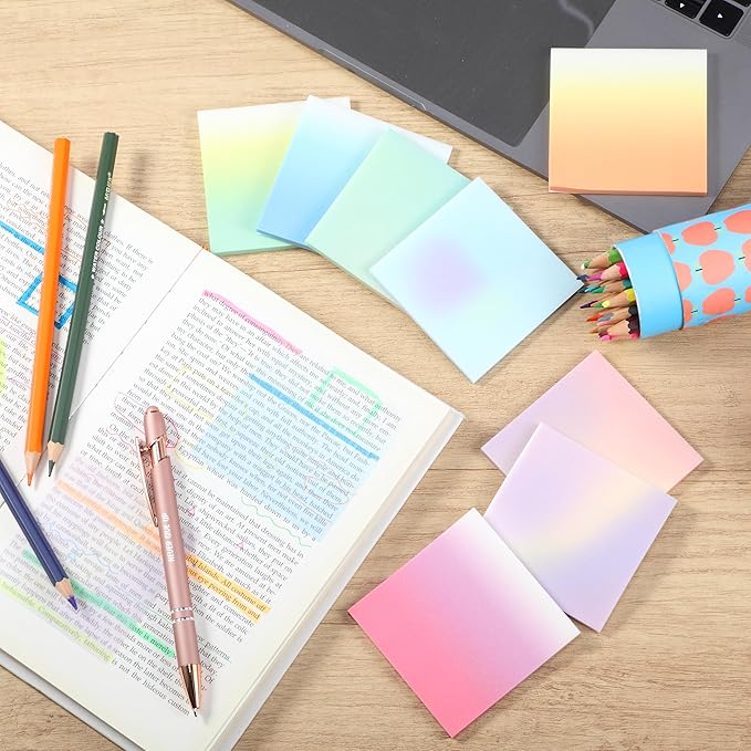 Fullhawl 400 Sheets Gradient Transparent Sticky Notes 3 x 3 Inch Clear Pastel Aesthetic Self-Adhesive Sticky Notes for Annotating Bible Journaling Office College Supplies, 8 Pads