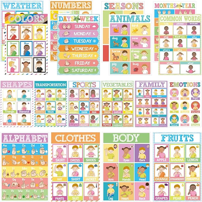 18 Pieces Sign Language Poster ASL Poster for Classroom ASL Posters Sign Language Flash Cards for Toddlers Kids Students Classroom Decoration