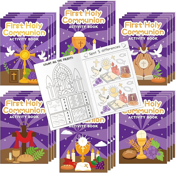 JAPBOR First Holy Communion Coloring Books - 24PCS Mini Christian Activity Color Books Bulk for Kids Party Favor, Religious Jesus Cross DIY Small Colouring Pages for Birthday Gift Class Painting Game