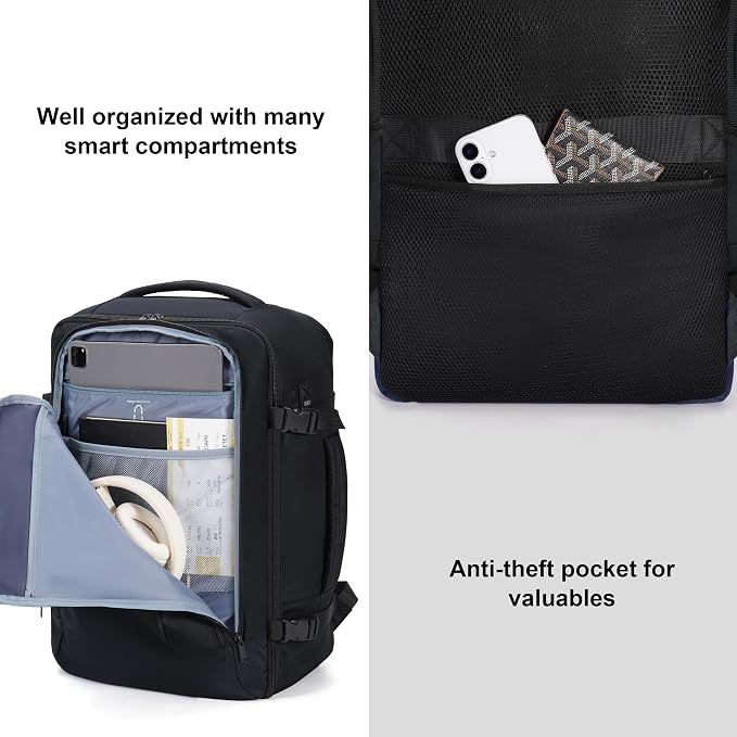 ECOHUB Extra Large Travel Backpack Carry on Backpack for Airplanes Black | 19.5x13x8 Laptop Backpack TSA Friendly 30L Backpack fits 17.3" Computer Airplane Travel Essentials Water Resistant Back pack