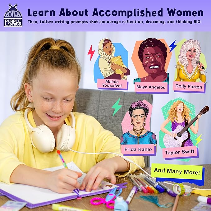 Girls Creative Gift Kit Ages 8-12 - DIY Journal Kit for Girls with Hard Cover by Rebel Girls, 10 9 Year Old Girl Birthday Gifts, Tweens and Teens Scrapbook Story Writing Activity with 50+ Accessories
