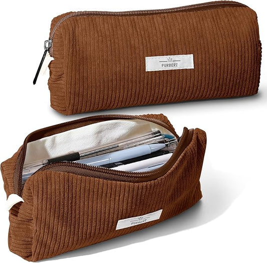 Pencil Bag Pen Case, Soft Corduroy Small Pencil Pouch Organizer with Zipper, Cute Pencil Case Pouch Stationery for Girls and Boys – Brown