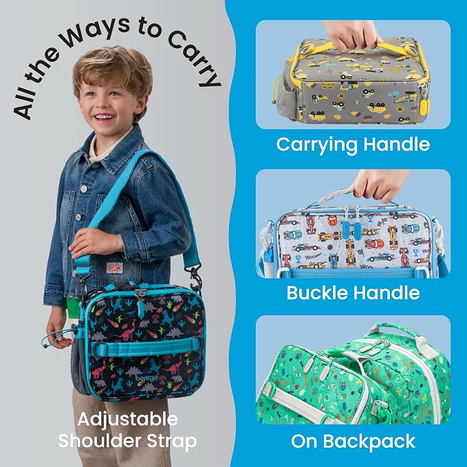Bentgo Kids Prints Double-Insulated Reusable Lunch Bag | For Kids 3+, Adjustable Strap; Holds Lunch Box/Water Bottle/Snacks; Easy-Clean, Water-Resistant, Pockets (NEW Race Cars)