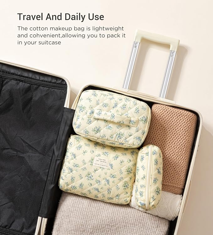HBselect Quilted Makeup Bag, 3Pcs Cotton Large Travel Makeup Bags Organizer | Cute Floral Make up Bag Cosmetic Bag Toiletry Bag for Women Girls, Makeup Pouch for Skincare, Brushes & Travel Essentials