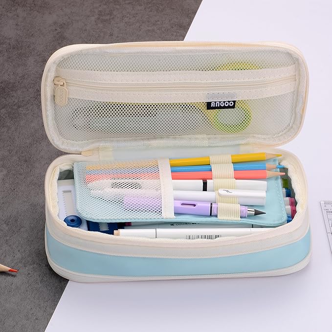 Large Capacity Big Special Cute Aesthetic Preppy Canvas Pencil Case Organizer Holder Pouch Bag with Zipper Compartments, Pen Cases for Women Girls School Adults (Sky Blue)